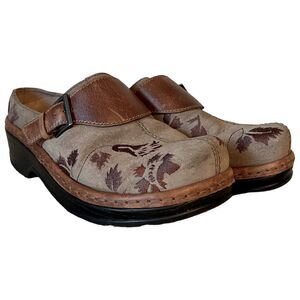 KLOGS woman’s Size 7.5 Clog Leather Upper Embroidered Brown with Buckle “Austin”